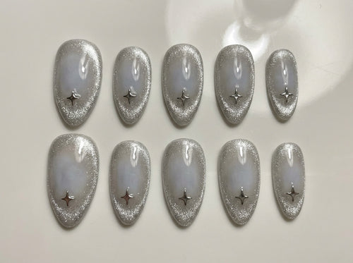 Silver Cat Eye Aura Press On Nails - Icy Blue Grey Velvet - Chrome Star Charm - Winter Fairycore Gel - Custom Size Set - PN251205