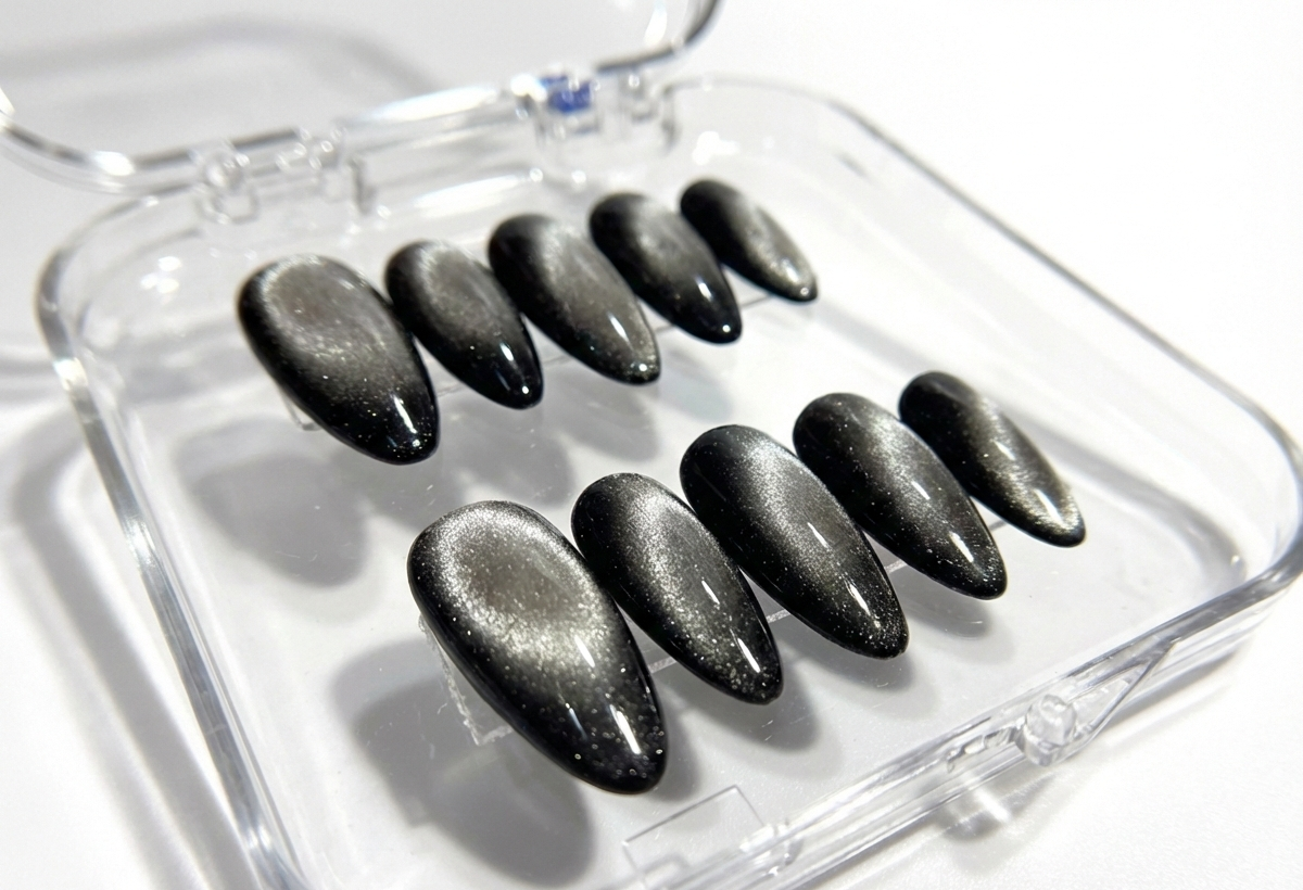 Black Cat Eye Press On Nails - Silver Magnetic Velvet - Galaxy Space Aura - Minimalist Flash Gel - Custom Size Set - PN251190