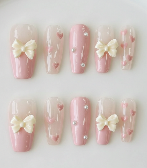 Pink Coquette Bow Press On Nails - 3D Cream Ribbon Charm - Tiny Heart Pattern - Pearl Accent - Valentine's Day Gel - Custom Size Set - PN251237