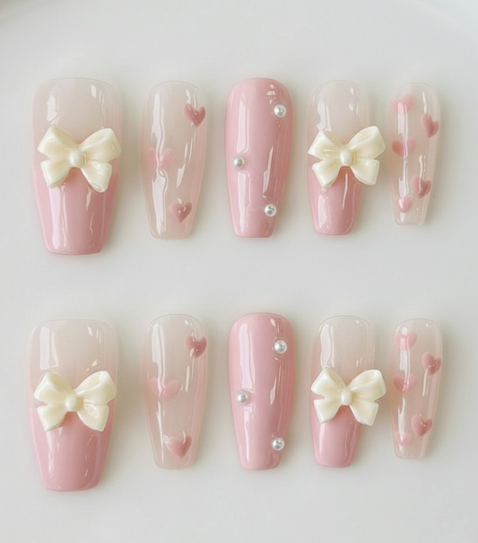 Pink Coquette Bow Press On Nails - 3D Cream Ribbon Charm - Tiny Heart Pattern - Pearl Accent - Valentine's Day Gel - Custom Size Set - PN251237