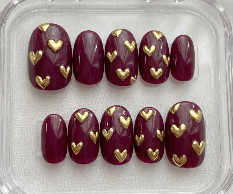 Wine Red Gold Heart Press On Nails - Metallic Love Pattern - Romantic Valentine's Day Date Night - Custom Size Set - PN251239