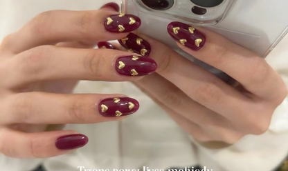 Wine Red Gold Heart Press On Nails - Metallic Love Pattern - Romantic Valentine's Day Date Night - Custom Size Set - PN251239