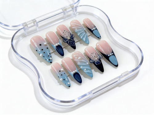Blue Coquette Bow Press On Nails - 3D Mermaid Shell Texture - Navy French Tip - Pearl Polka Dot - Unique Gift - Custom Size Set - PN251241