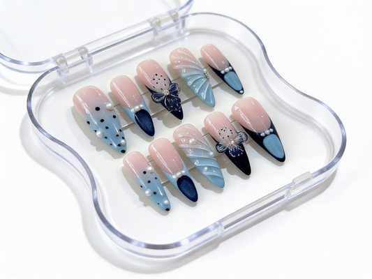 Blue Coquette Bow Press On Nails - 3D Mermaid Shell Texture - Navy French Tip - Pearl Polka Dot - Unique Gift - Custom Size Set - PN251241
