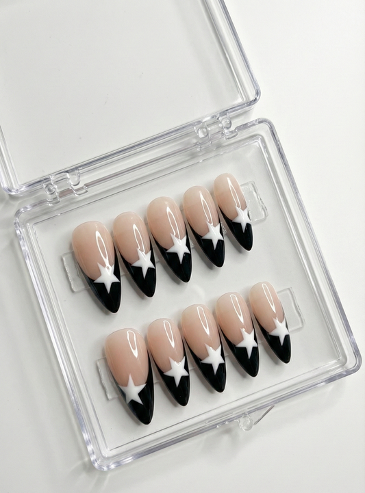 Black French Tip Press On Nails - White Star Art - Old Money - Black French Tip - Y2K Star Girl - Bridal Wedding - Custom Size Set - PN251198