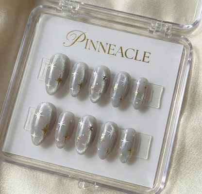 Silver Cat Eye Star Press On Nails - White Gold Celestial Art - Velvet Magnetic Shimmer - Dreamy Sparkle - Custom Size Set - PN251193