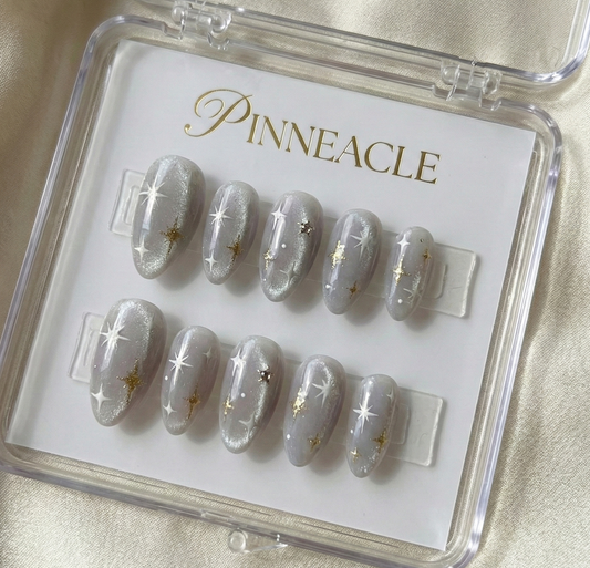 Silver Cat Eye Star Press On Nails - White Gold Celestial Art - Velvet Magnetic Shimmer - Dreamy Sparkle - Custom Size Set - PN251193