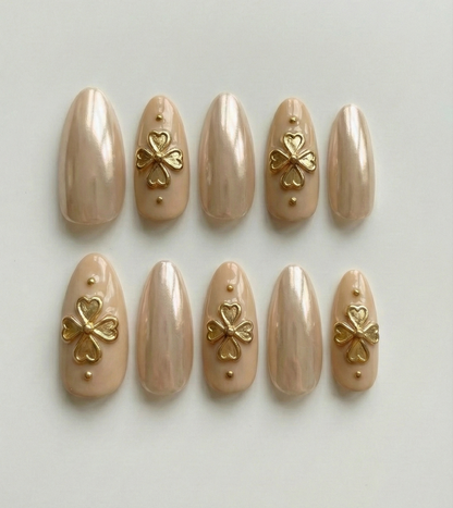 Champagne Chrome & Gold Clover Press On Nails - 4 Leaf Lucky Charm - Old Money Jewelry - Luxury Gel Manicure - Custom Size Set - PN251191