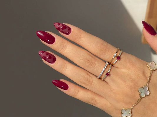Wine Red Nails, Burgundy Heart Art, Matte Glossy Texture, Almond Shape, Romantic Date Night, Dark Valentine Gift, Custom Press On - PN251260