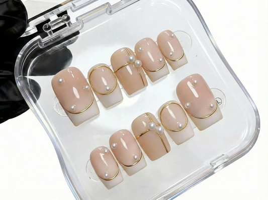 White Pearl French Tip Press On Nails - Gold Chrome Wire Art - 3D Bridal Gem - Elegant Valentine's Gel - PN251243