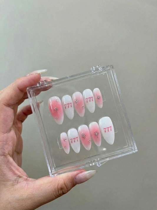 Angel Number 777 Nails, Pink Aura Ombre, Lucky Girl Syndrome, Y2K Star Gem, Almond Shape, Spiritual Gift, Manifestation, Custom Press On - PN251264
