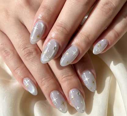 Silver Cat Eye Star Press On Nails - White Gold Celestial Art - Velvet Magnetic Shimmer - Dreamy Sparkle - Custom Size Set - PN251193