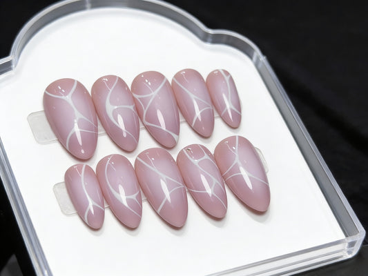 Rose Quartz Pink Marble Press On Nails - White Smoke Abstract Line - Crystal Healing Love Stone - Soft Mauve Valentine - Custom Size Set - PN251234