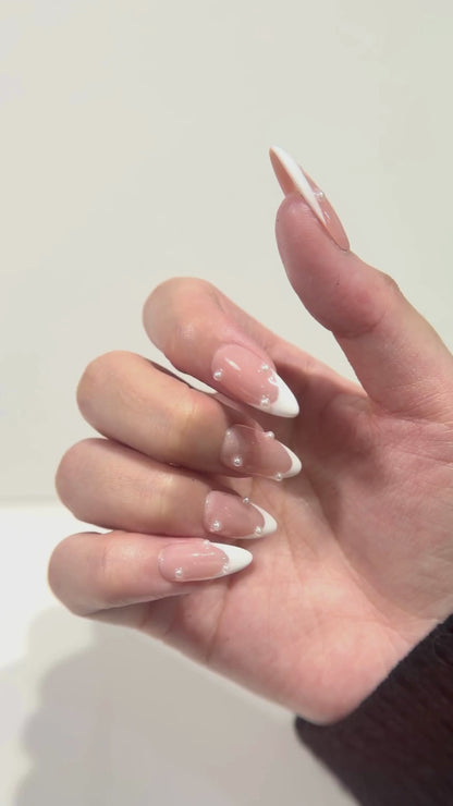Nude Jelly Pearl French Tip Press On Nails - 3D Pearl Drops - Engagement Nails - Brial Wedding Press On - Custom Size Set - NM233007
