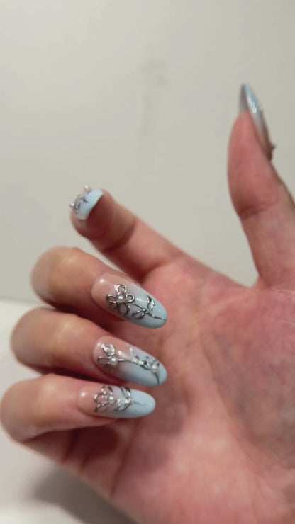 Blue Floral Press On Nails - Baby Blue Ombré Nails with 3D Flowers - Soft Elegant Nails - Korean Style Gel Nails - Custom Size Set - NM233031