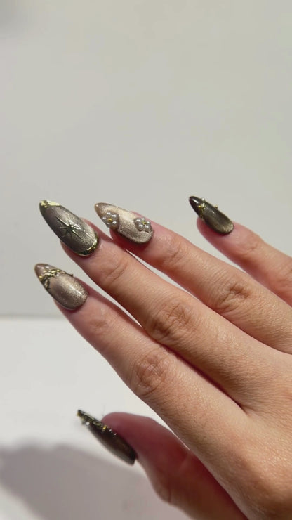 Chocolate Gold Press On Nails - Cat Eye Shimmer with Pearls & Stars  - Vintage Luxury Old Money Style Nails - Custom Size Set - PN251113