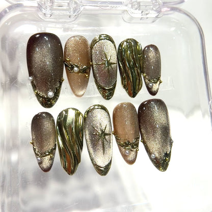 Luxury Brown Gold Cat Eye Press On Nails - 3D Molten Gold & Pearl Nails - Brown Chrome Gel Press Ons - Custom Size Set - NM233023