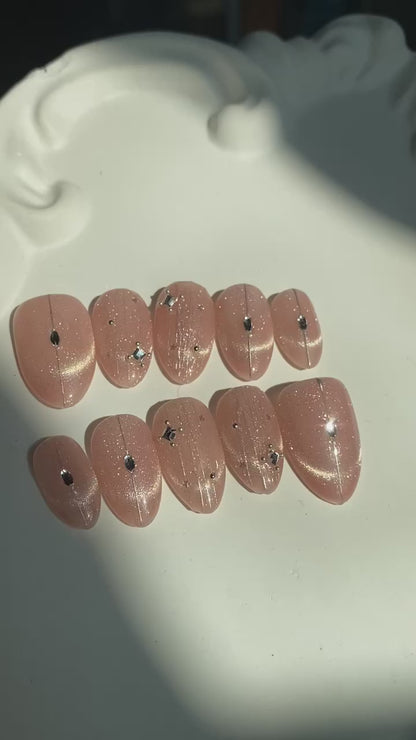 Engagement, Proposal, Wedding Press-On Nails -  Pink Cat Eye with Crystal Accents - Handmade Reusable Nail Set - Custom Size Set - DYT152008