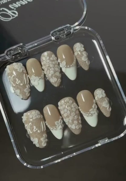 Rich Wife Nails, Bridal Monogram Press On Nails, 3D White Floral Lace Set, Pearl French Nude Wedding Reusable Soft Gel False Nails - BR260526