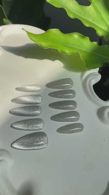 Silver Cat Eye Press On Nails - Sparkle Almond Gel Nails - Engagement Glitter Press On - Custom Size Set - PN251106