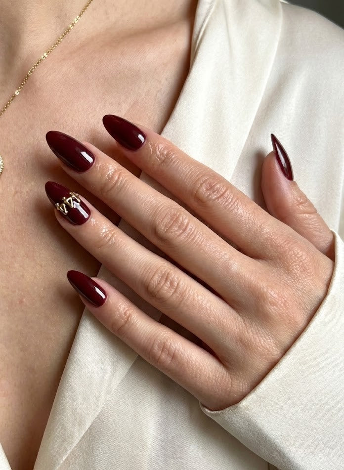 Dark Red 444 Angel Number Press On Nails - Gold Charm Detail -  Deep Burgundy Wine - Spiritual Manifestation - Custom Size Set - PN251214