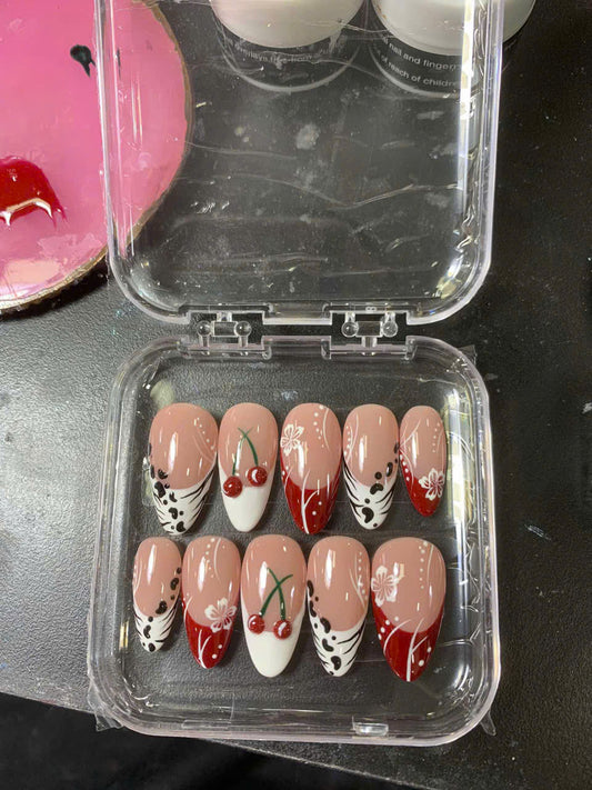 Red Cherry Nails, Zebra Animal Print, Hibiscus Flower, Mix Match Art, Y2K Aesthetic, Summer French Tip, Cute Press On, Custom Size - PN251261